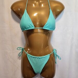 Unbranded Teal Bikini 2PC Size S Triangle Halter‎ Top High Leg Side Tie Cheeky